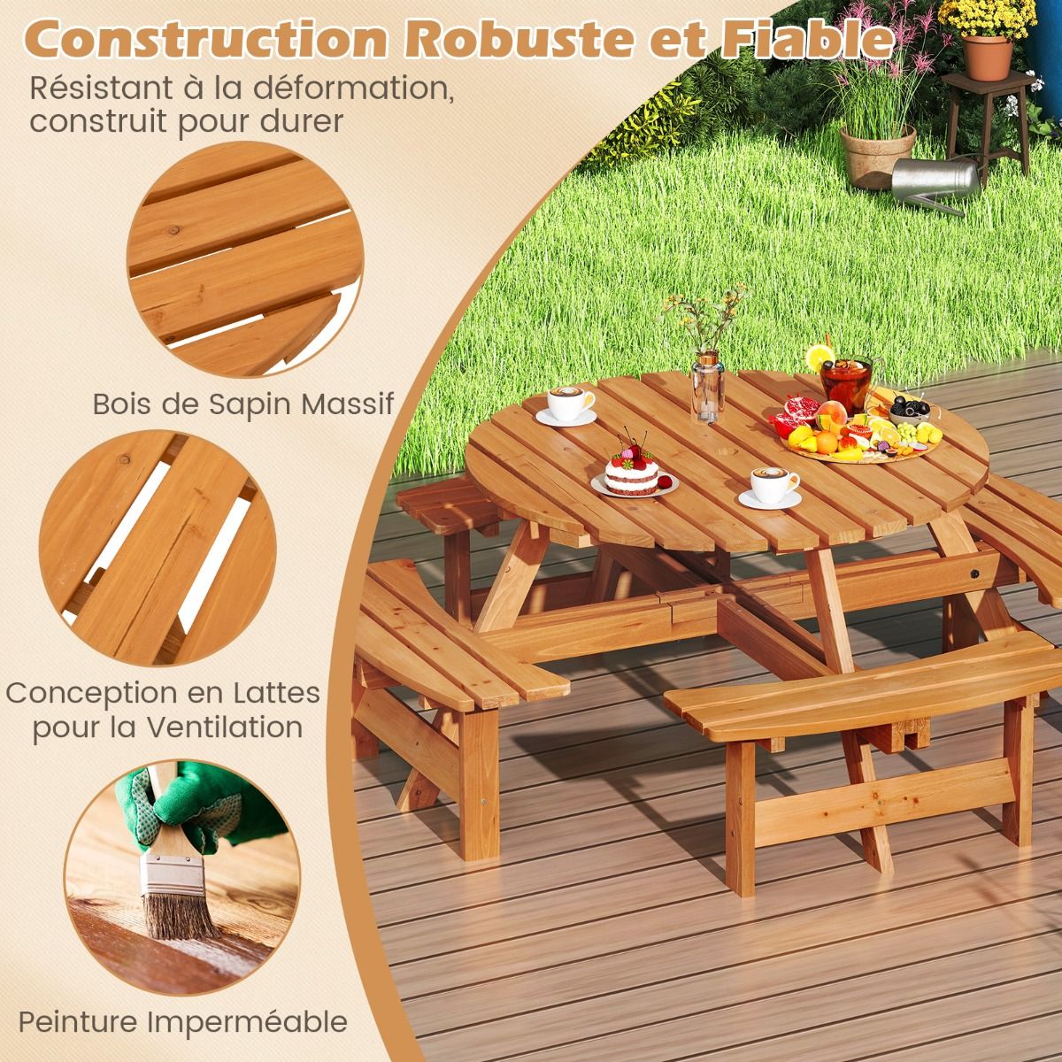 Wooden Picnic Table Set for 2 to 8 People Circular Table and Bench Set with 4 Integrated Benches 5cm Parasol Hole Brown/Yellow -