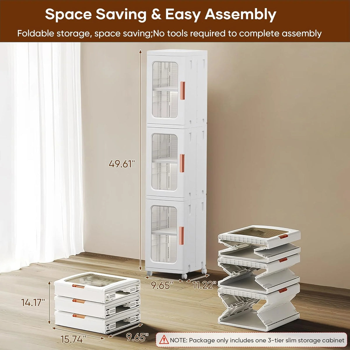 Slim Kitchen Pantry Storage Cabinet with Doors and Shelves, 3 - Tiers Plastic Narrow Storage Organizer - Product image 2