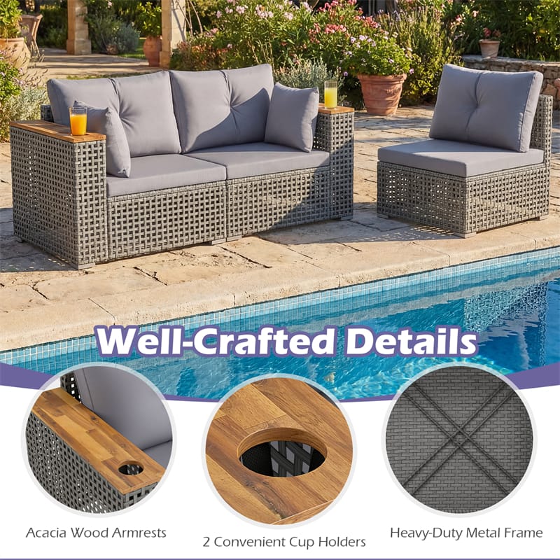 86.5" 3-Seat Patio Wicker Sofa, 3PCS Modular PE Rattan Sectional Furniture Set with Cup Holders & Wood - Product image 9