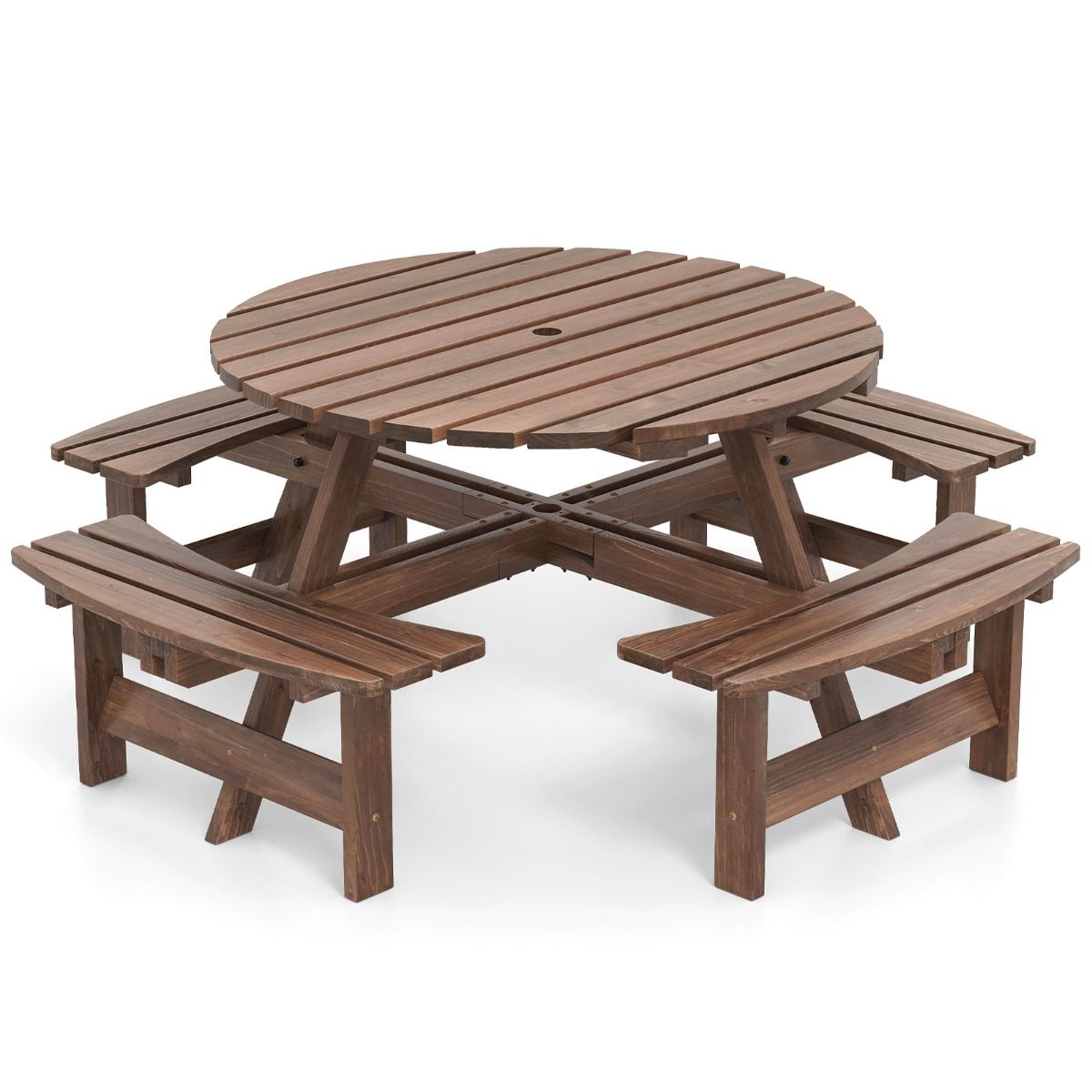 Wooden Picnic Table Set for 2 to 8 People Circular Table and Bench Set with 4 Integrated Benches 5cm Parasol Hole Brown/Yellow -