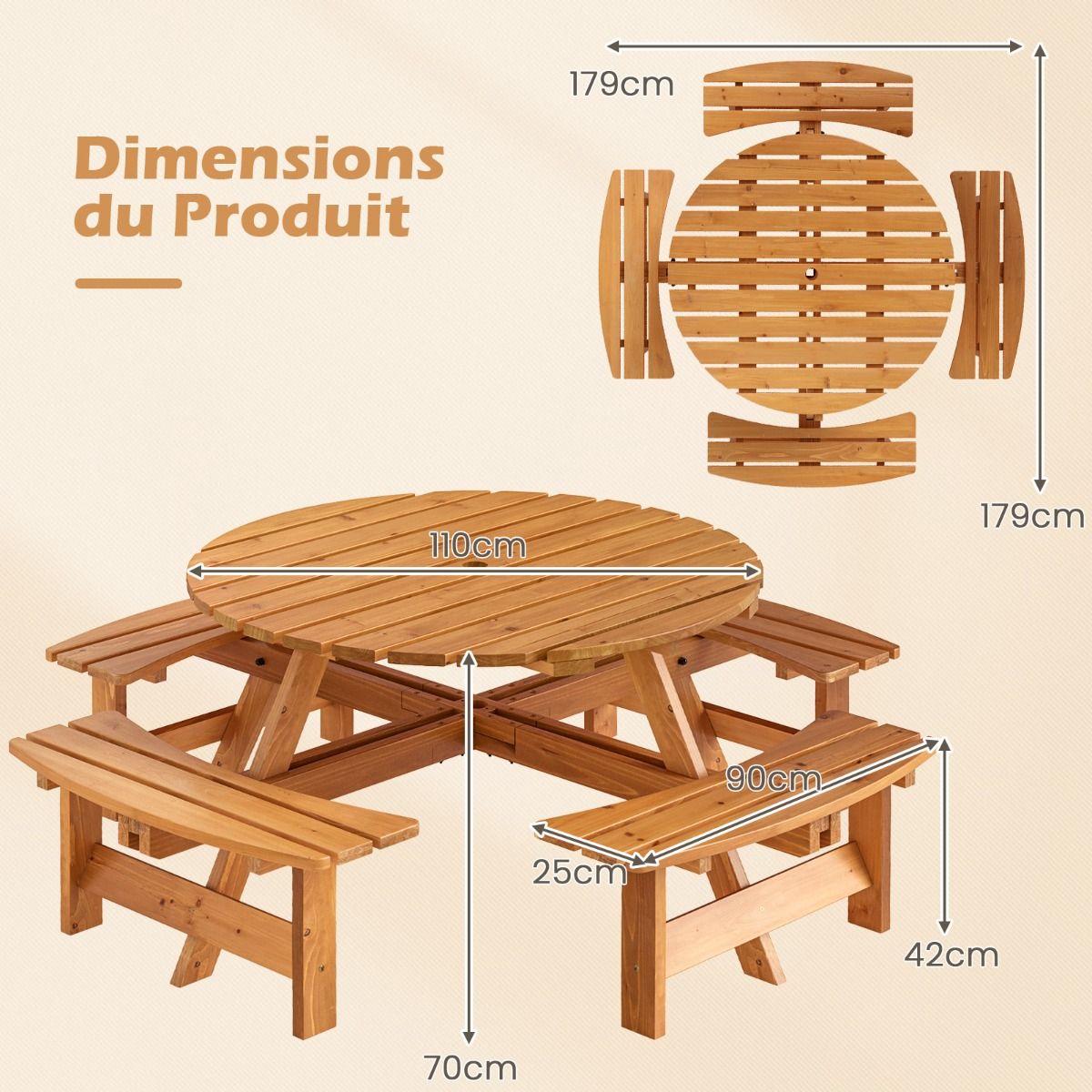 Wooden Picnic Table Set for 2 to 8 People Circular Table and Bench Set with 4 Integrated Benches 5cm Parasol Hole Brown/Yellow -