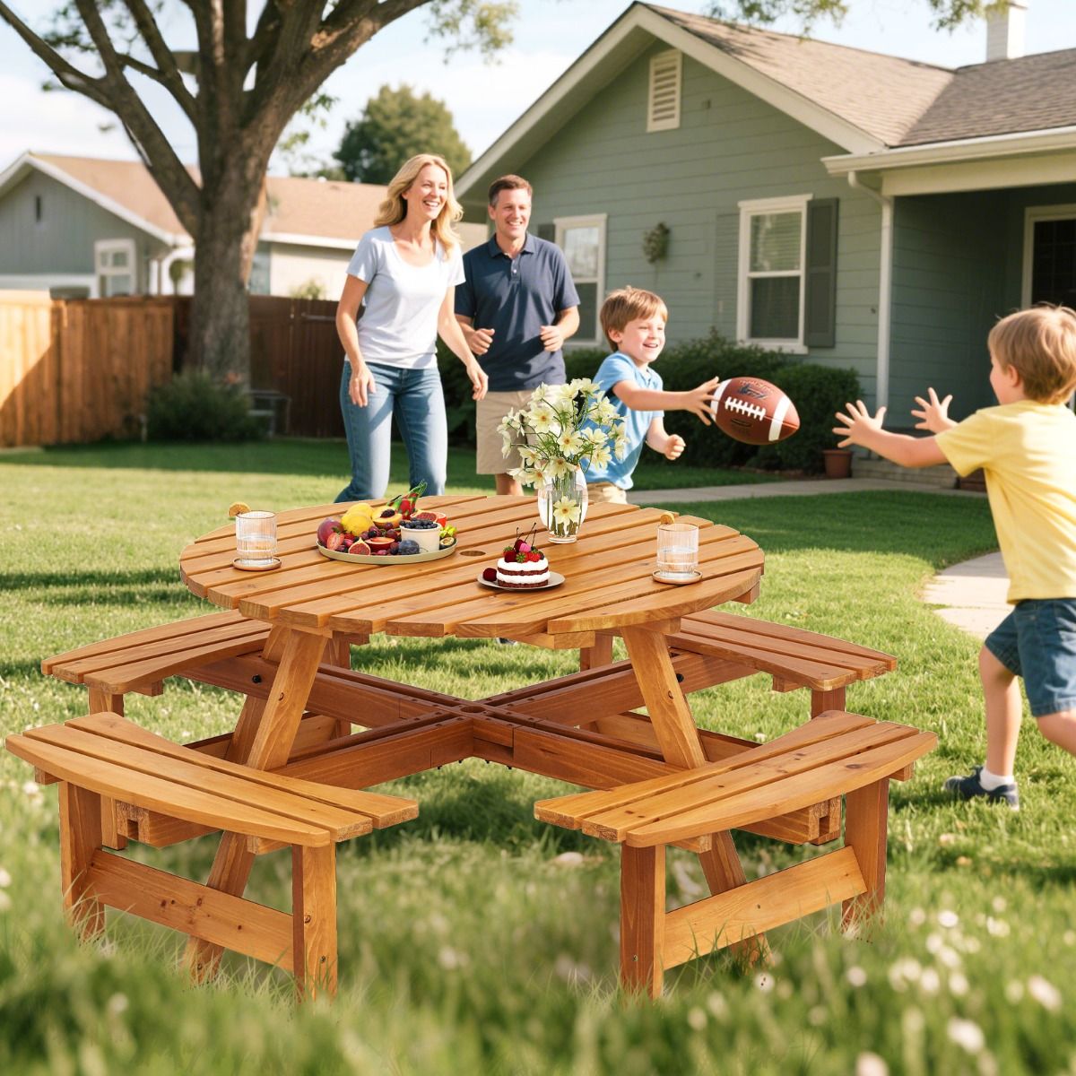 Wooden Picnic Table Set for 2 to 8 People Circular Table and Bench Set with 4 Integrated Benches 5cm Parasol Hole Brown/Yellow -