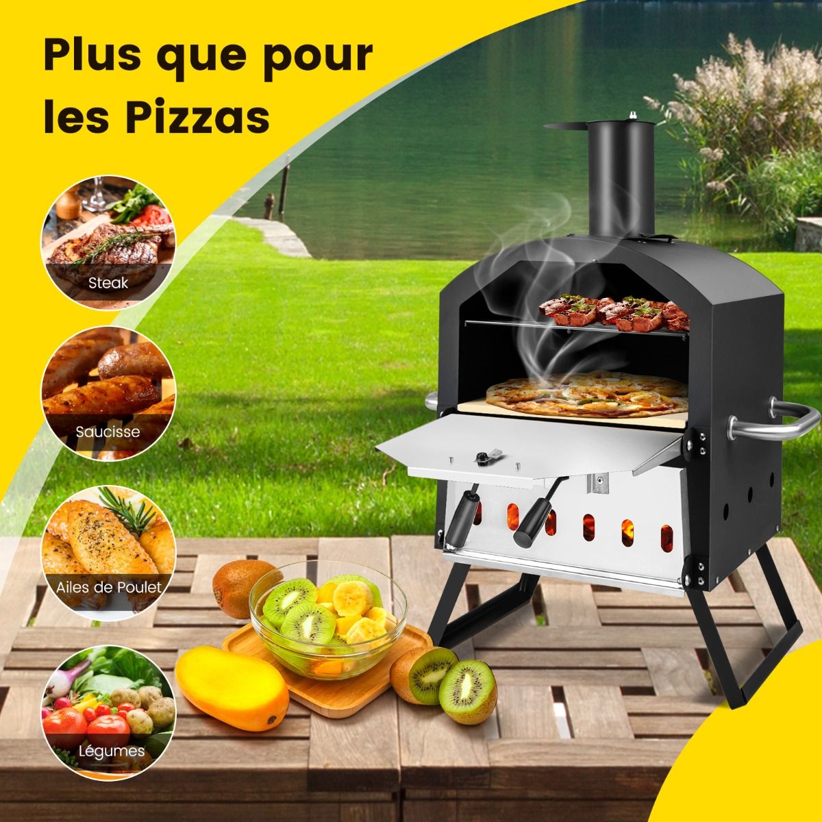 2-Layer Outdoor Pizza Oven Removable Middle Shelf with Pizza Stone Rack Shovel Waterproof Cover Chimney -