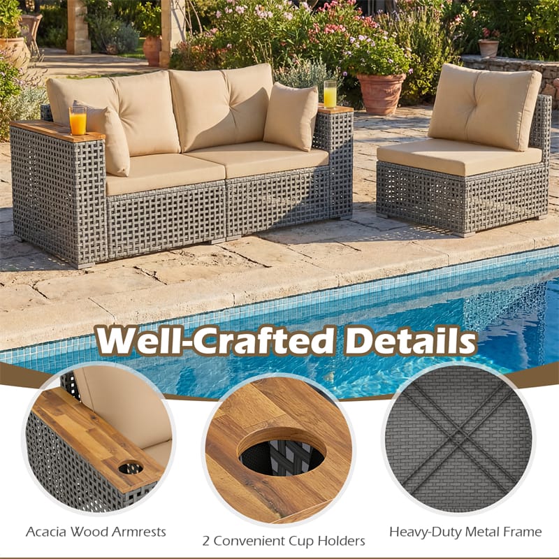 86.5" 3-Seat Patio Wicker Sofa, 3PCS Modular PE Rattan Sectional Furniture Set with Cup Holders & Wood - Product image 17