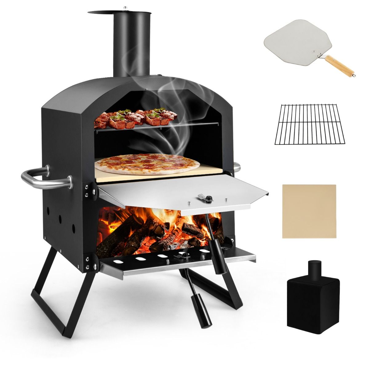 2-Layer Outdoor Pizza Oven Removable Middle Shelf with Pizza Stone Rack Shovel Waterproof Cover Chimney -