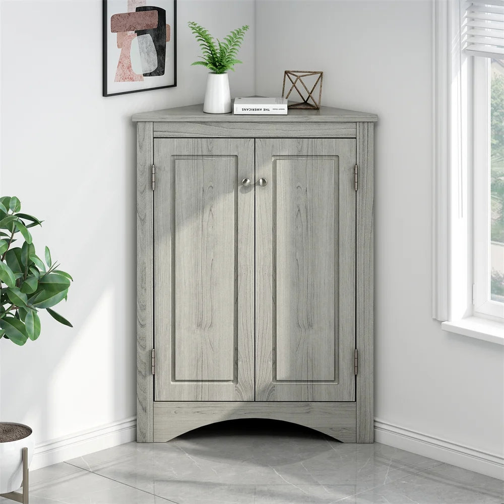 Home Floor Corner Cabinet with Adjustable Shelves and Two Doors, Triangle Bathroom Storage Cabinet - Product image 2