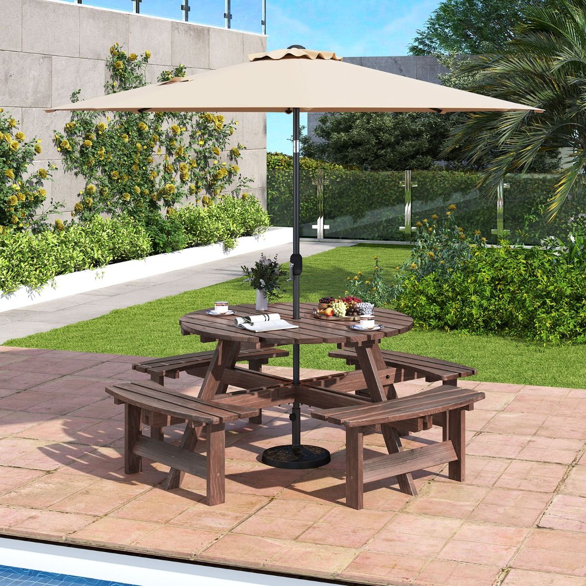 Wooden Picnic Table Set for 2 to 8 People Circular Table and Bench Set with 4 Integrated Benches 5cm Parasol Hole Brown/Yellow -