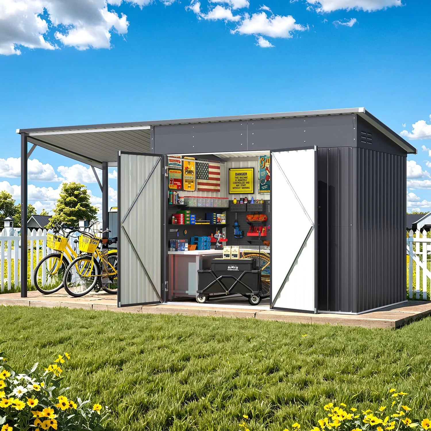 AECOJOY 6'x14' Outdoor Open-Sided Storage Shed with Attached Hardtop Metal Pergola - Product image 9