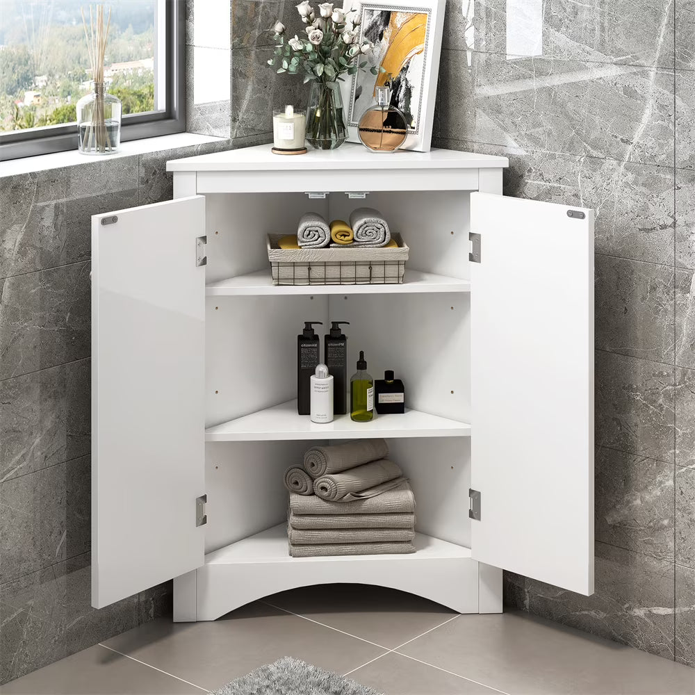 Home Floor Corner Cabinet with Adjustable Shelves and Two Doors, Triangle Bathroom Storage Cabinet - Product image 3