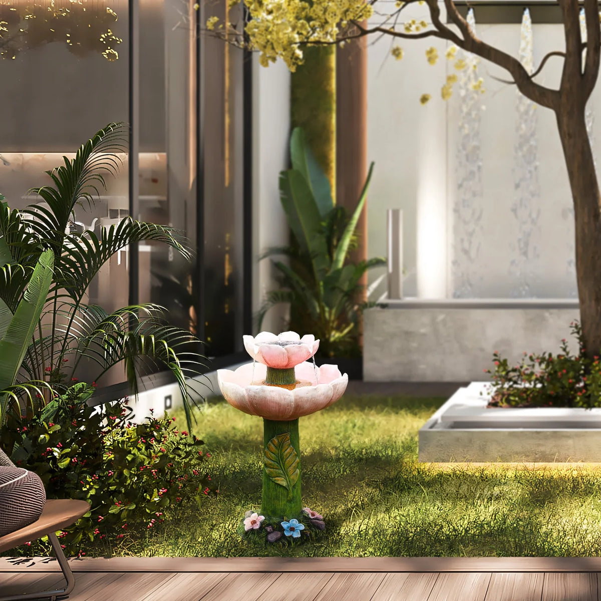 Luxenhome Solar Powered Pink Flower 2 - Tier Resin Birdbath Fountain with Lights - Product image 4