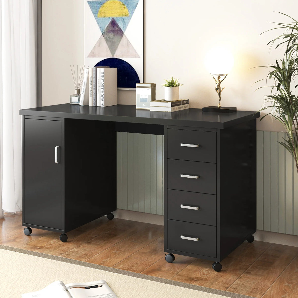 Sesslife White Computer Desk, Writing Desk with Lockable Wheels???modern Wood Study Desk with 4 Drawers - Product image 13