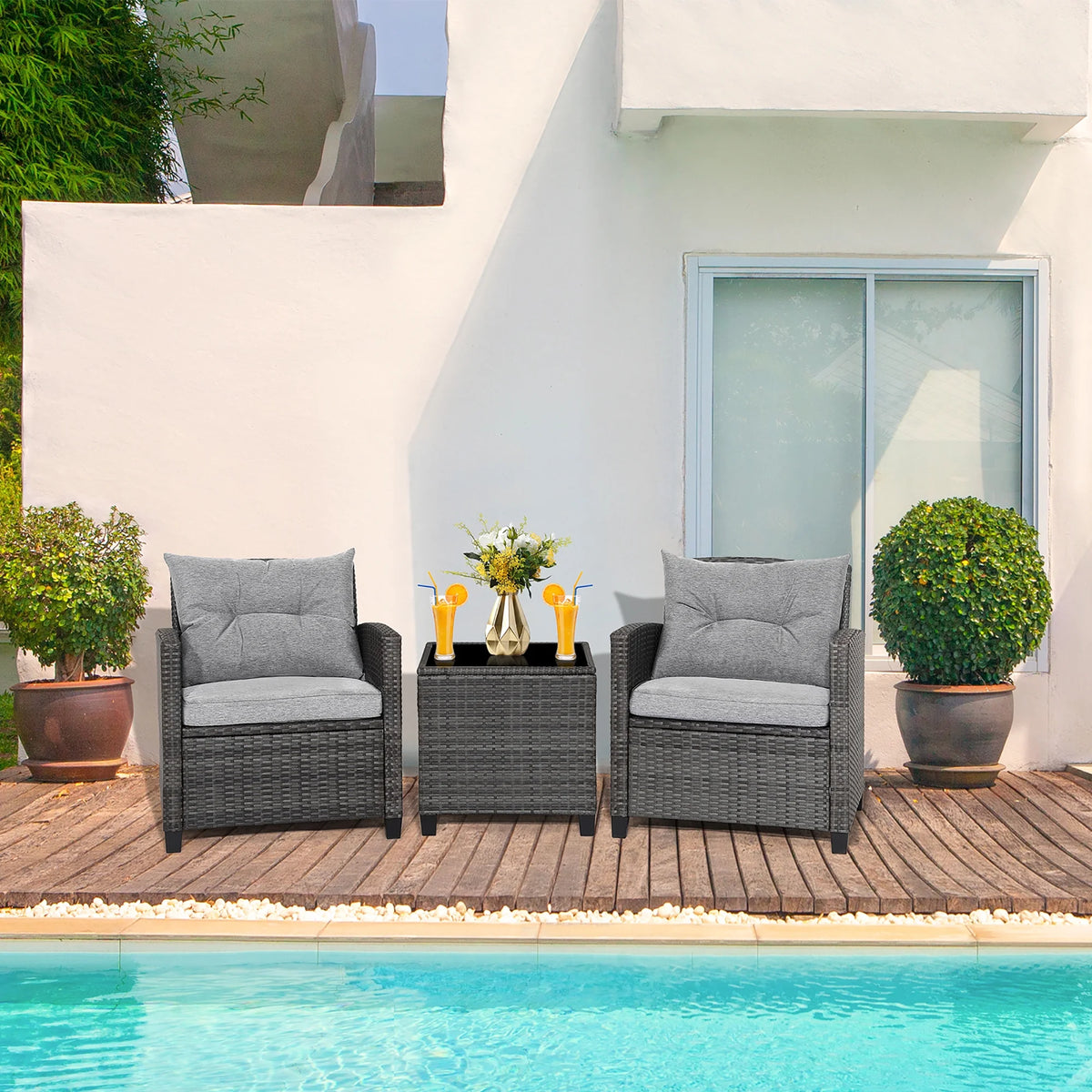 Gymax 3PCS Patio Rattan Sofa Set Outdoor Wicker Conversation Set Glass Tabletop W/ Grey Cushion - Product image 4