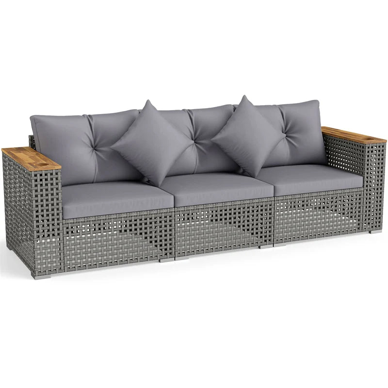 86.5" 3-Seat Patio Wicker Sofa, 3PCS Modular PE Rattan Sectional Furniture Set with Cup Holders & Wood - Product image 3