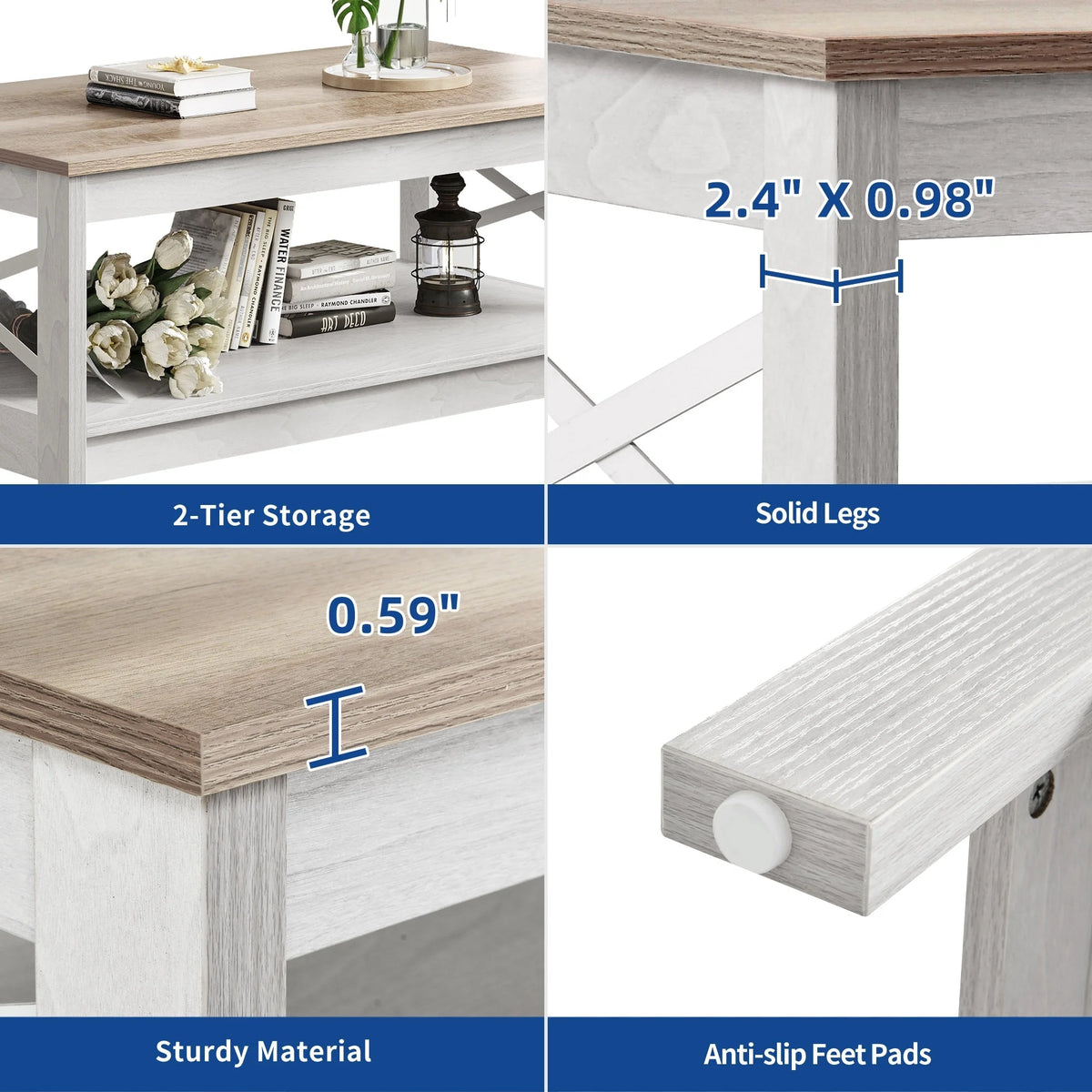 Moasis Farmhouse Coffee Table with Storage 2 - Tier Center Table for Living Room Grey Wash Top+White - Product image 7