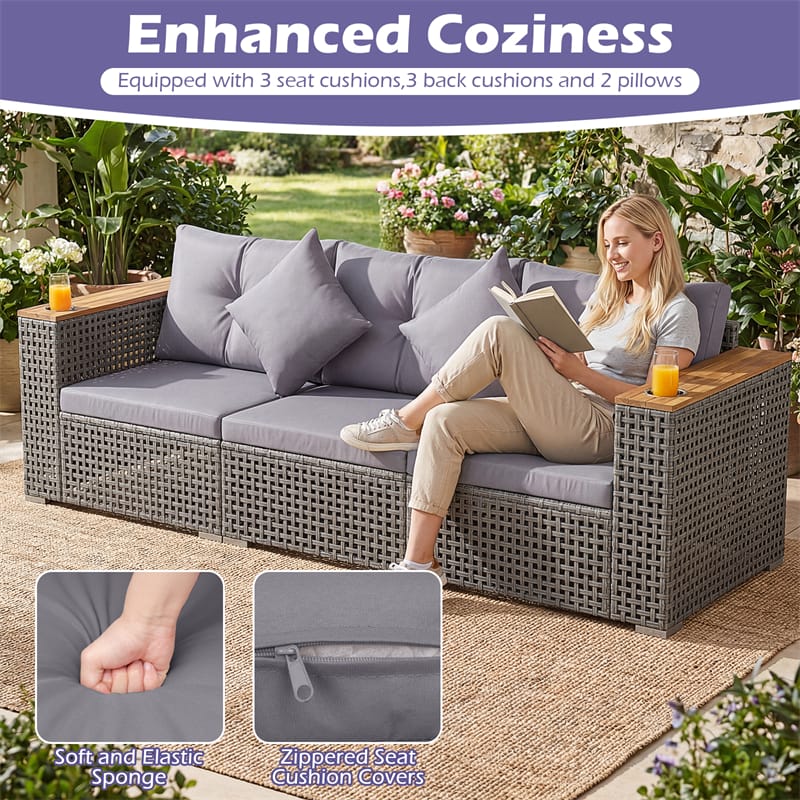 86.5" 3-Seat Patio Wicker Sofa, 3PCS Modular PE Rattan Sectional Furniture Set with Cup Holders & Wood - Product image 7