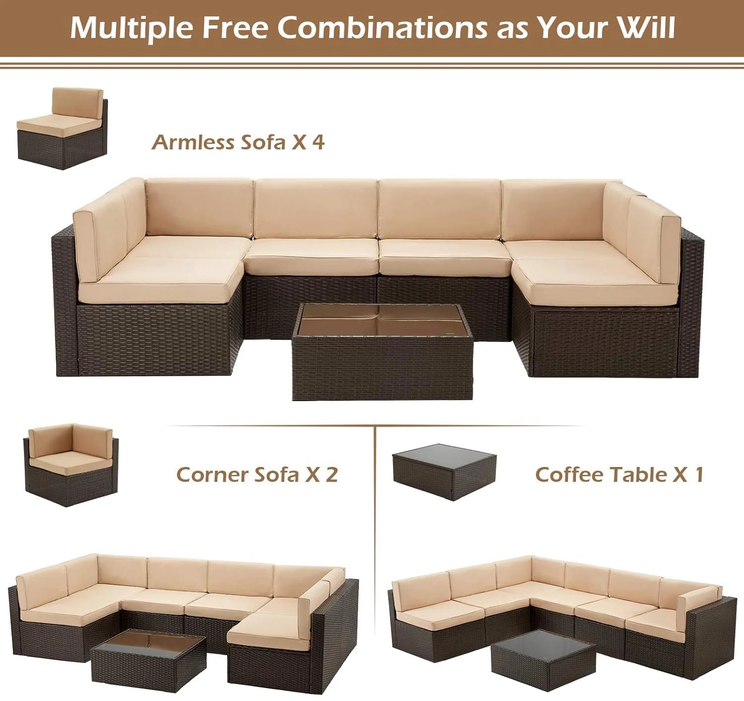 AECOJOY 7 Piece Outdoor Patio Furniture Set with Waterproof Cover, Brown & Beige