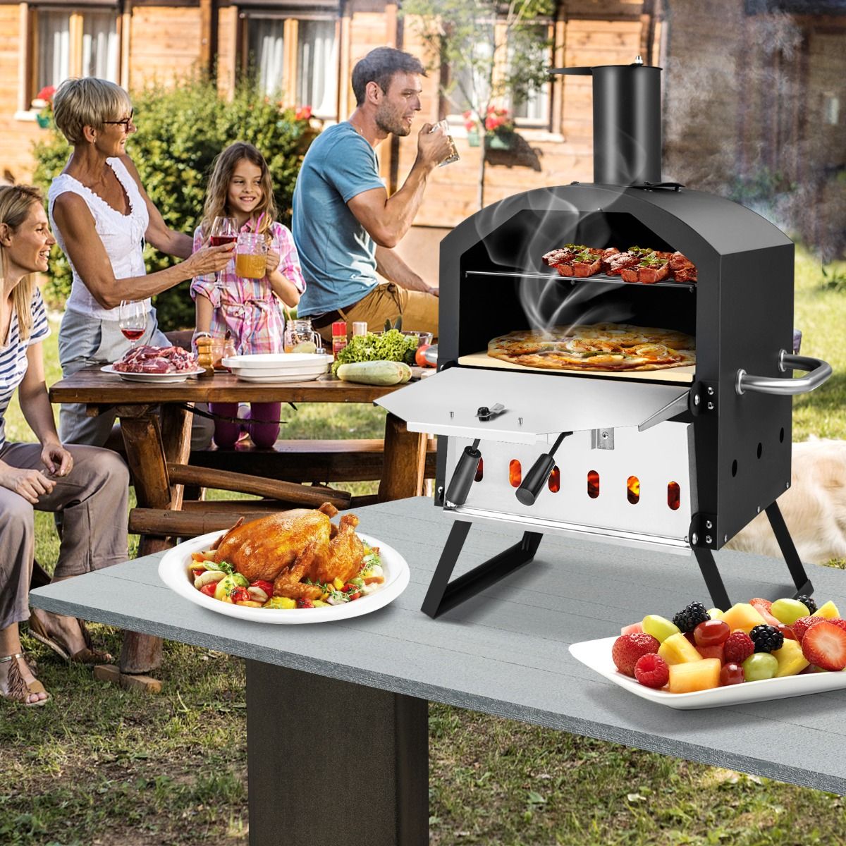 2-Layer Outdoor Pizza Oven Removable Middle Shelf with Pizza Stone Rack Shovel Waterproof Cover Chimney -