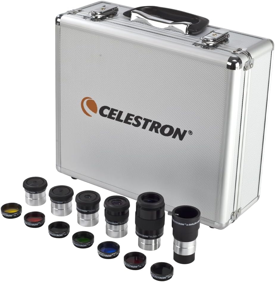 Celestron 94303 1.25 Inch Eyepiece and Filter Kit - 14 Pieces in Foam-Lined Metal Carrying Case, Silver