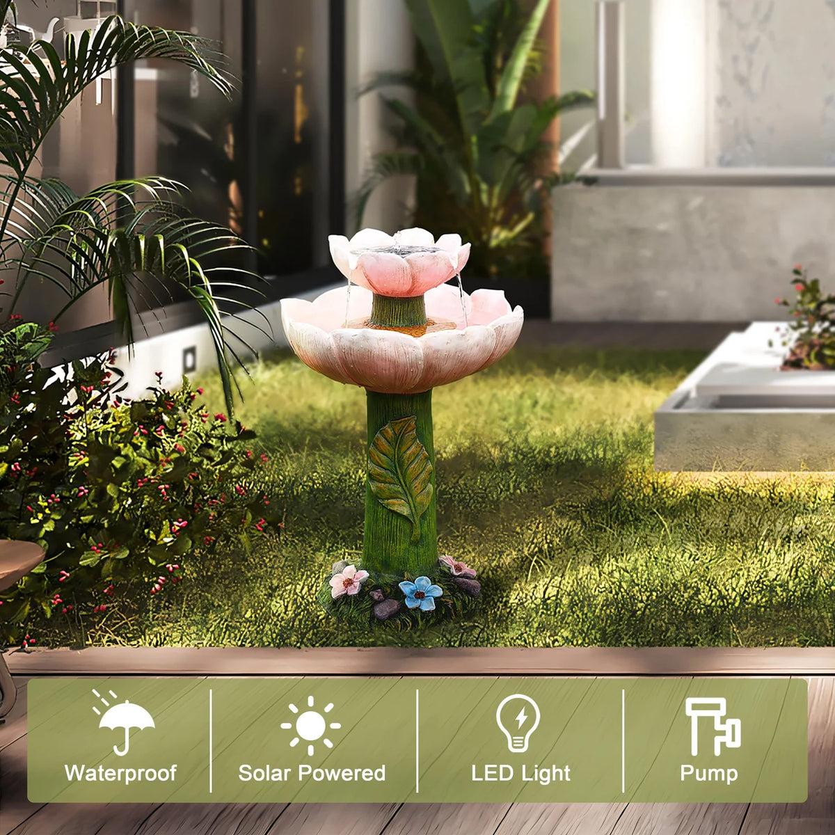 Luxenhome Solar Powered Pink Flower 2 - Tier Resin Birdbath Fountain with Lights - Product image 5