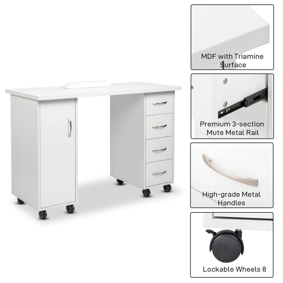 Sesslife White Computer Desk, Writing Desk with Lockable Wheels???modern Wood Study Desk with 4 Drawers for - Product image 5