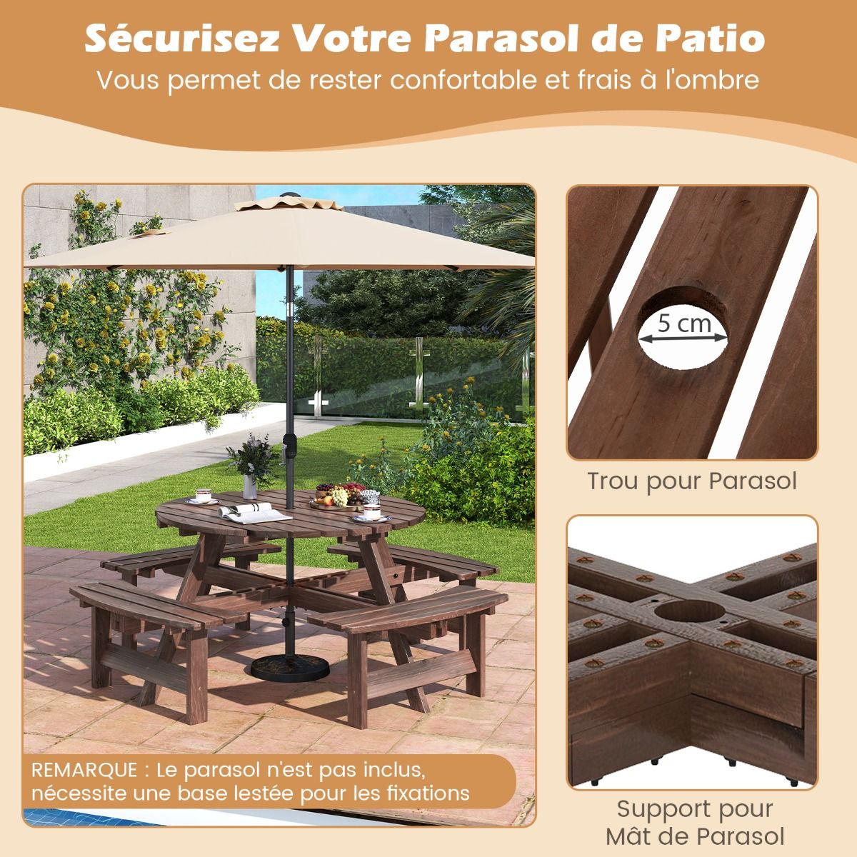 Wooden Picnic Table Set for 2 to 8 People Circular Table and Bench Set with 4 Integrated Benches 5cm Parasol Hole Brown/Yellow -