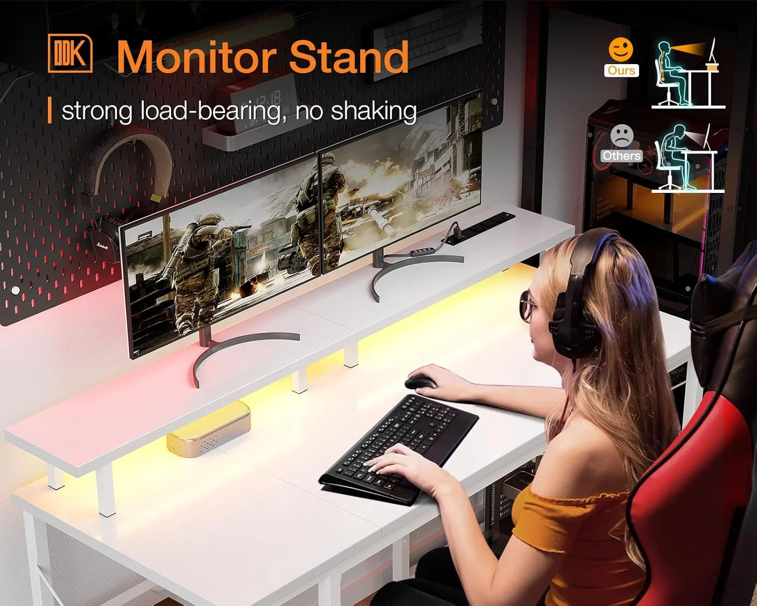 ODK 48 in Gaming Desk with LED Lights & Power Outlets, Computer Desk with Monitor Stand & Storage Shelves - Product image 7