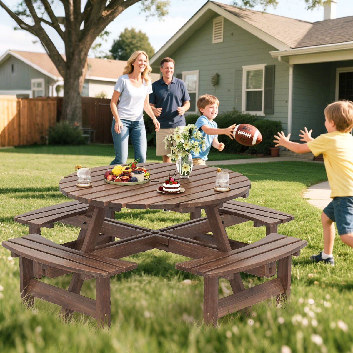 Wooden Picnic Table Set for 2 to 8 People Circular Table and Bench Set with 4 Integrated Benches 5cm Parasol Hole Brown/Yellow -