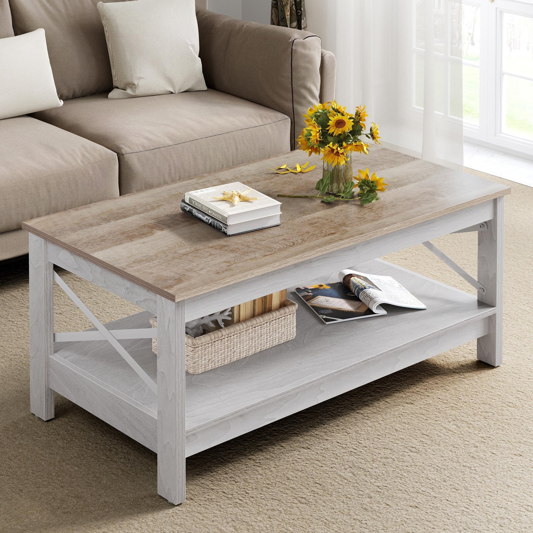 Moasis Farmhouse Coffee Table with Storage 2 - Tier Center Table for Living Room Grey Wash Top+White - Product image 4
