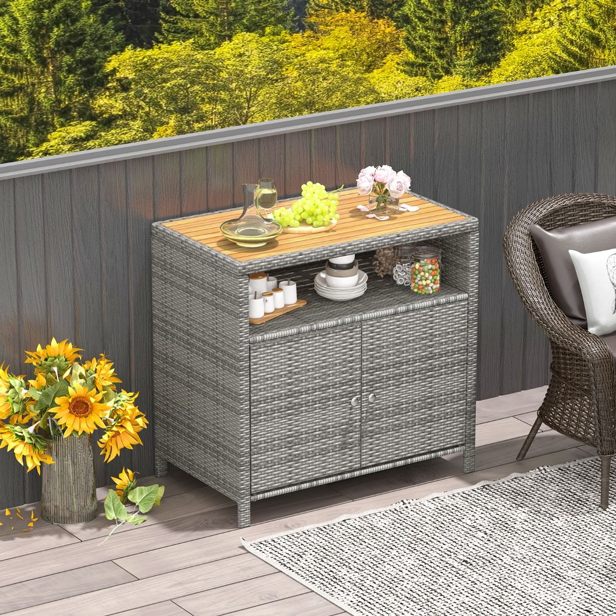 Outdoor Rattan Storage Cabinet Garden Cabinet with Acacia Wood Top Open Compartment 2-Door Sideboard -