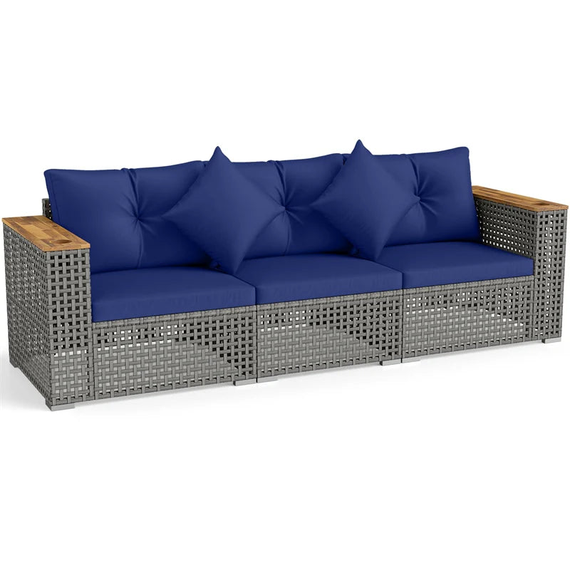 86.5" 3-Seat Patio Wicker Sofa, 3PCS Modular PE Rattan Sectional Furniture Set with Cup Holders & Wood - Product image 23