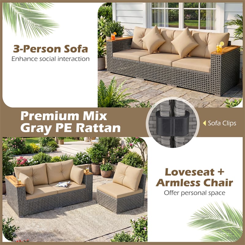 86.5" 3-Seat Patio Wicker Sofa, 3PCS Modular PE Rattan Sectional Furniture Set with Cup Holders & Wood - Product image 18