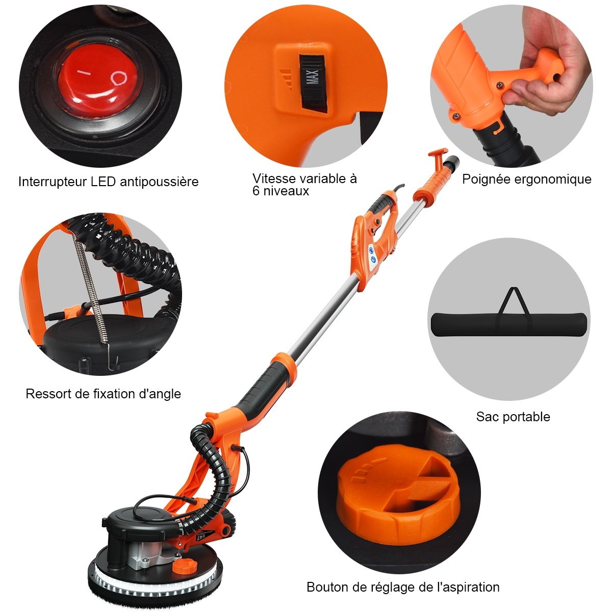 750W Plasterboard Sander with LED Light 6 Variable Speeds 800-1750 rpm -