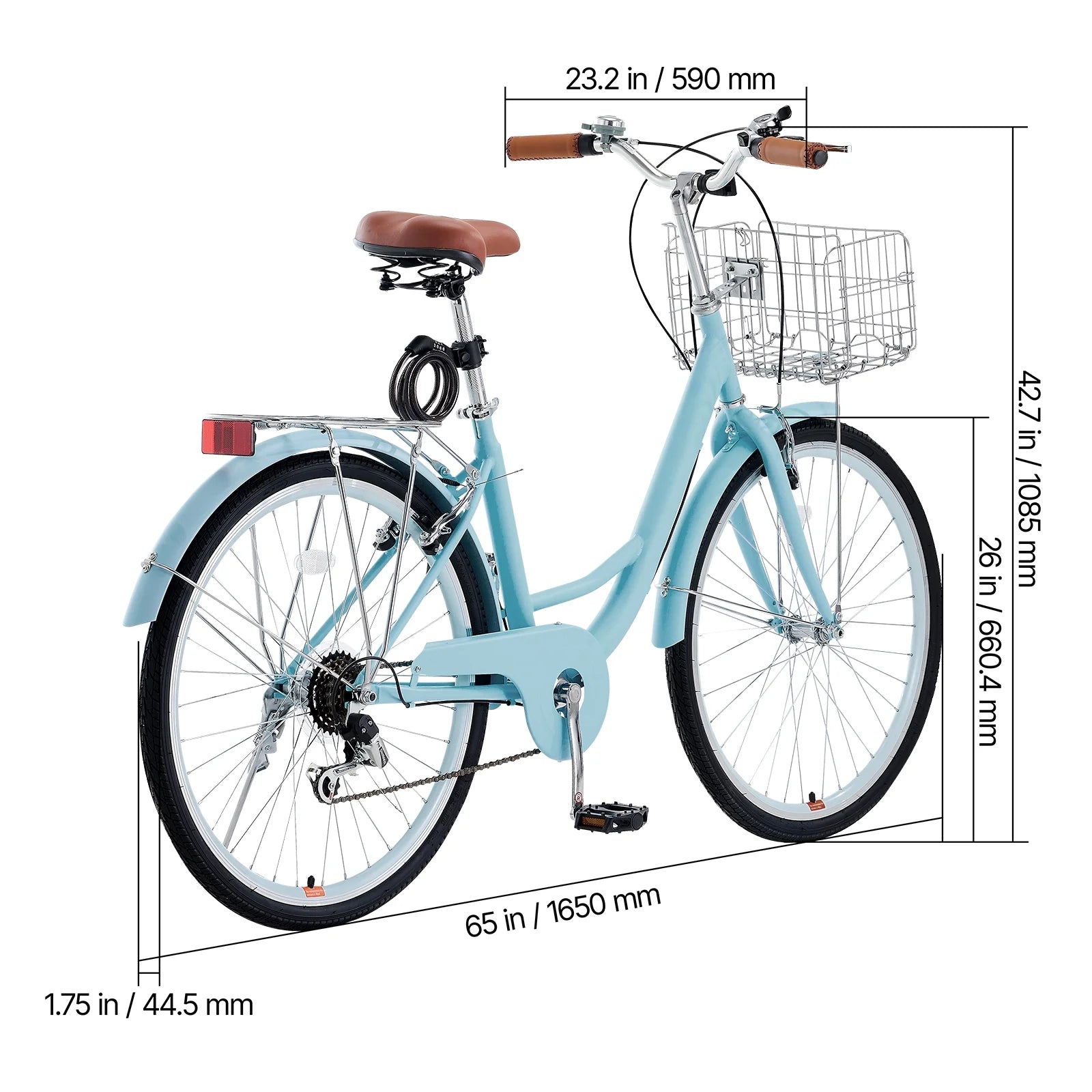 KFFKFF 26" Cruiser Bike, 7 - Speed, Pale Blue Coastal Riding Bike with Spacious Basket and Back Stand - Product image 8