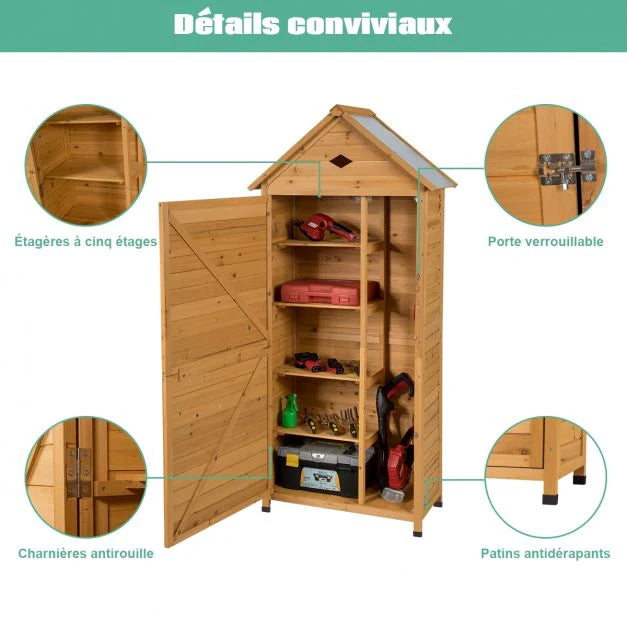 Outdoor garden shed with 5 shelves, lockable cabin in fir wood, galvanized sheet metal roof 20_0005485 -