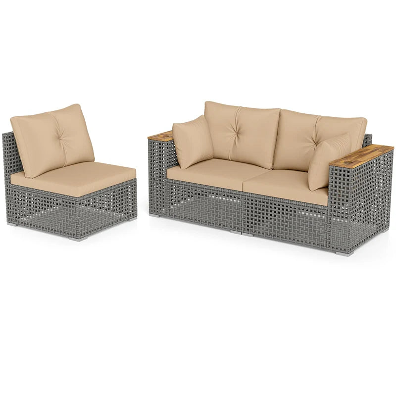 86.5" 3-Seat Patio Wicker Sofa, 3PCS Modular PE Rattan Sectional Furniture Set with Cup Holders & Wood - Product image 11