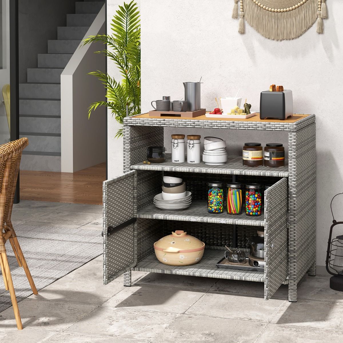Outdoor Rattan Storage Cabinet Garden Cabinet with Acacia Wood Top Open Compartment 2-Door Sideboard -