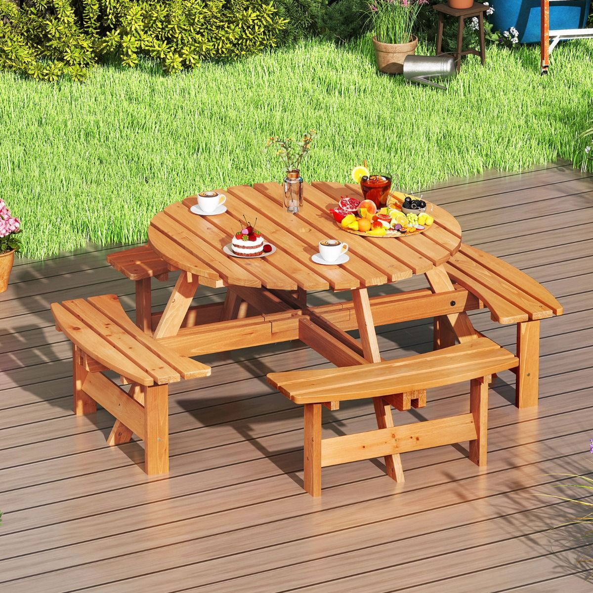 Wooden Picnic Table Set for 2 to 8 People Circular Table and Bench Set with 4 Integrated Benches 5cm Parasol Hole Brown/Yellow -