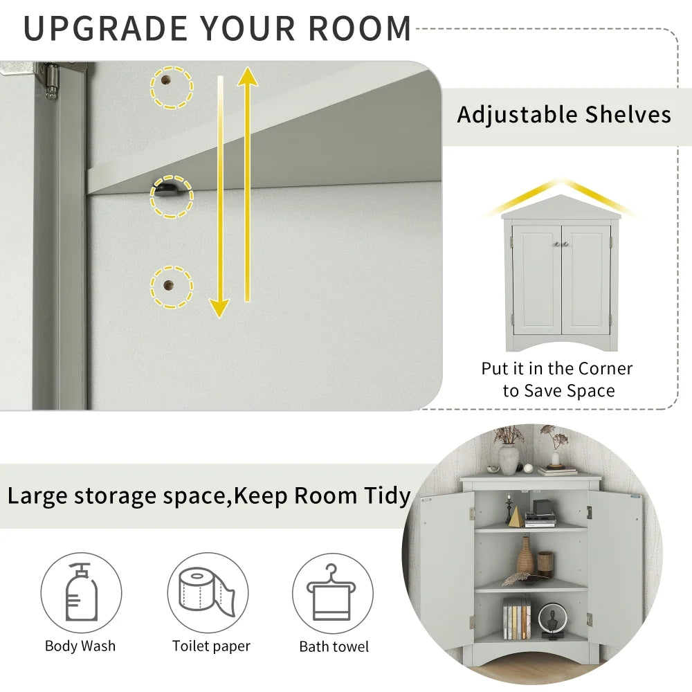 Home Floor Corner Cabinet with Adjustable Shelves and Two Doors, Triangle Bathroom Storage Cabinet - Product image 22