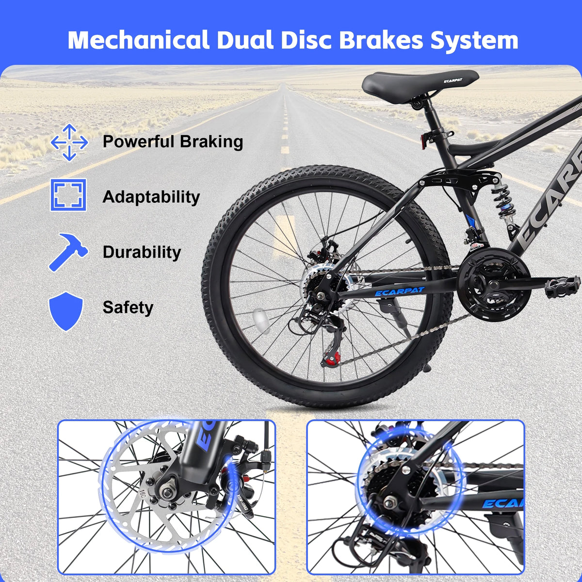 Ecarpat 26 in Mountain Bike, 21 - Speed Bike with Dual Suspension, High - Carbon Steel Frame and Disc Brakes, MTB Commuter Bicycles for Men Women, Black - Blue