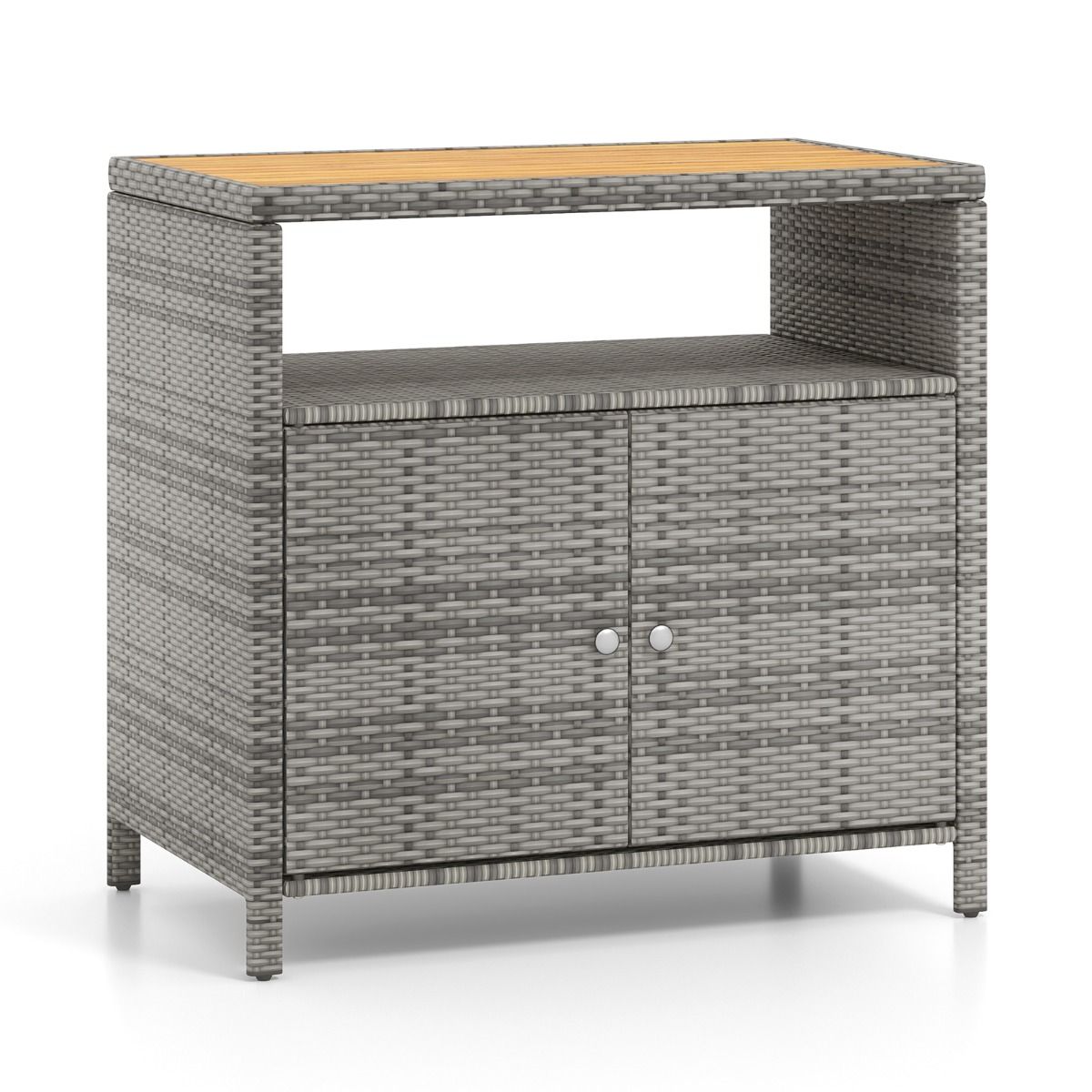 Outdoor Rattan Storage Cabinet Garden Cabinet with Acacia Wood Top Open Compartment 2-Door Sideboard -