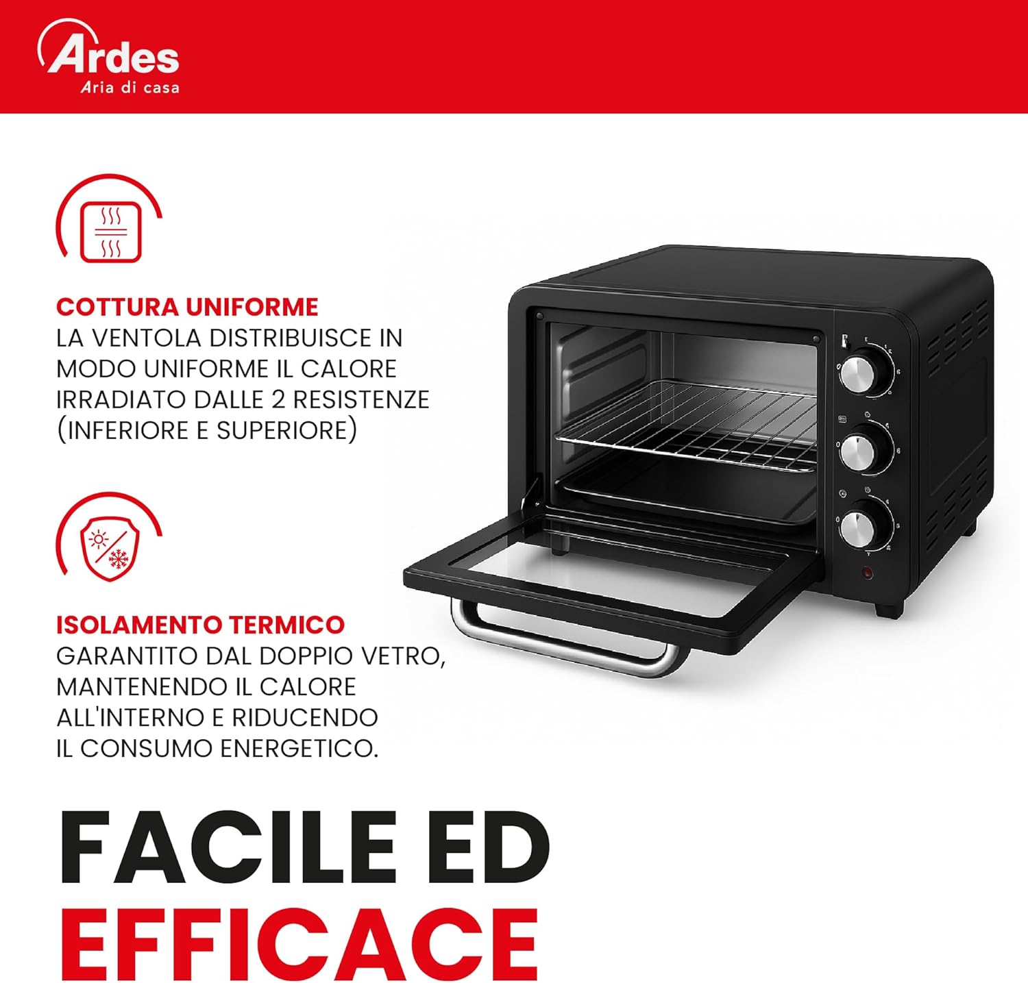 ARDES - AR6264PB Ventilated electric oven 64 liter capacity with internal light 6 cooking functions double glazed timer with MAGNUS accessories, Black