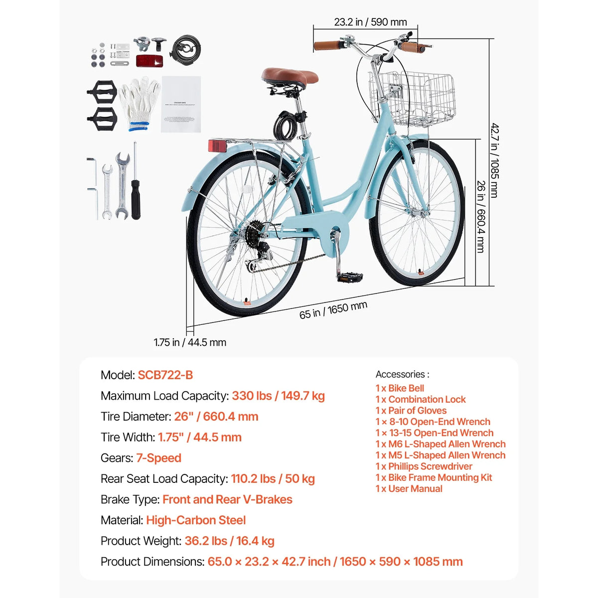 KFFKFF 26" Cruiser Bike, 7 - Speed, Pale Blue Coastal Riding Bike with Spacious Basket and Back Stand - Product image 7