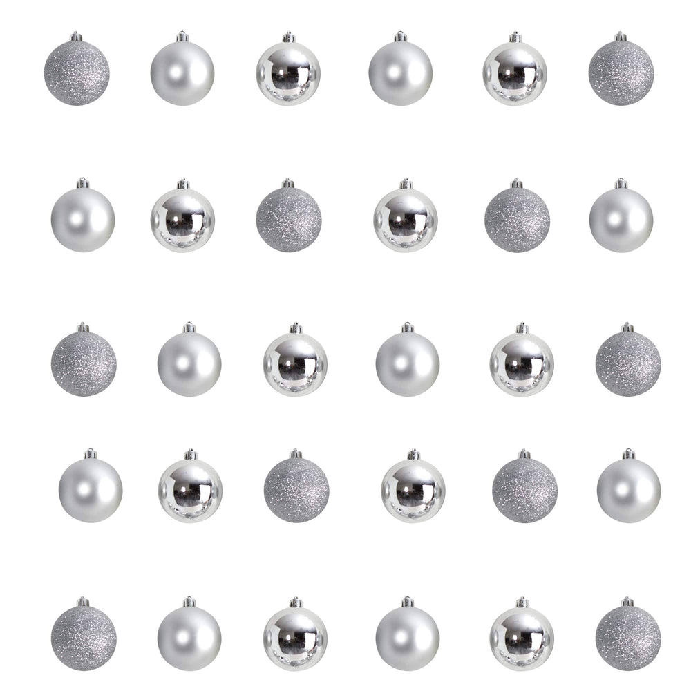 Nearly Natural Holiday Christmas 30 Count 2.5in. Shatterproof Ornament Set with Re-Useable Storage Container, Silver