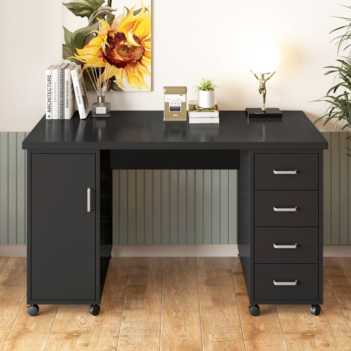 Sesslife White Computer Desk, Writing Desk with Lockable Wheels???modern Wood Study Desk with 4 Drawers for - Product image 3