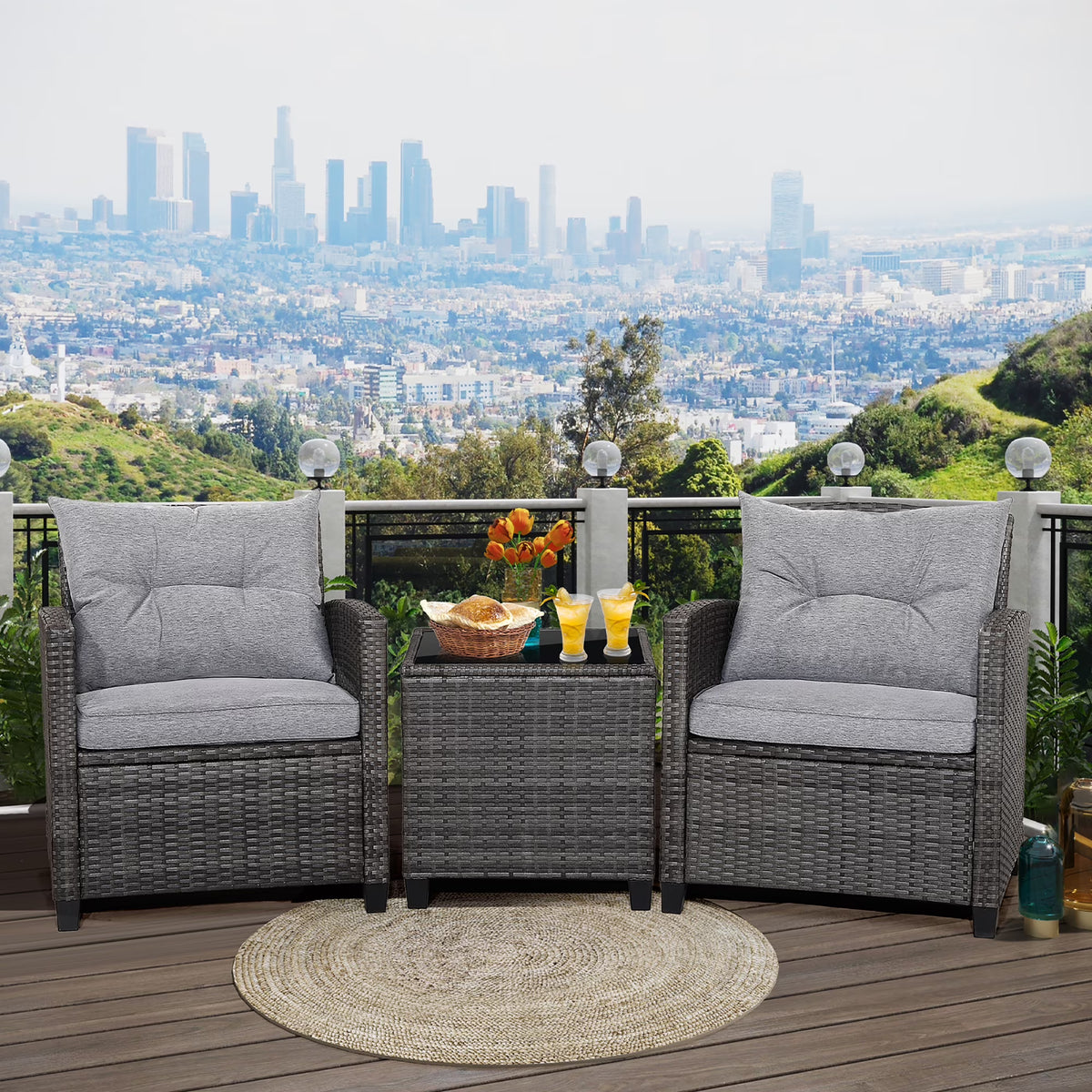 Gymax 3PCS Patio Rattan Sofa Set Outdoor Wicker Conversation Set Glass Tabletop W/ Grey Cushion - Product image 1