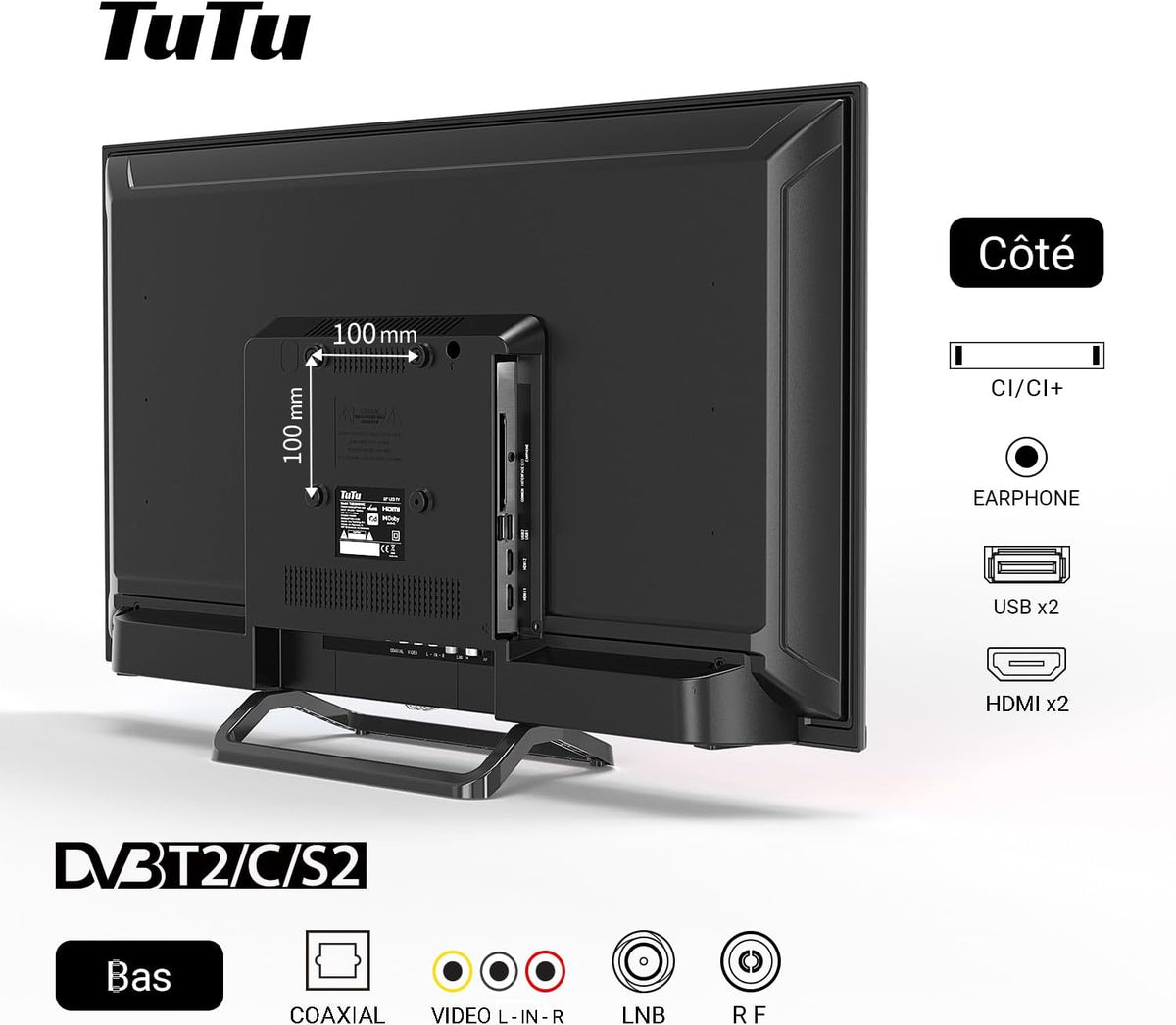 TuTu Televisions 32 Inches (80 cm) LED Central Stand TV HD Ready Triple Tuner (DVB-C / T2 / S2) HDMI x2 CI+ Media Player USB 2.0 Hotel Mode Dolby Audio 2024