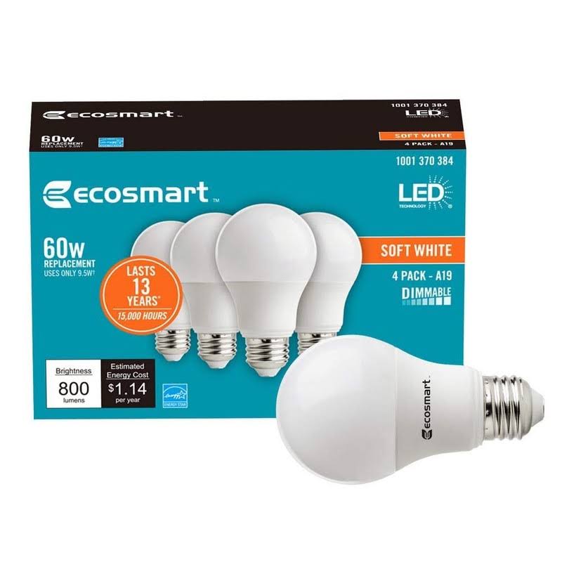Ecosmart 60W Equivalent Soft White A19 Energy Star and Dimmable LED Light Bulb (4-Pack) - Product image 1