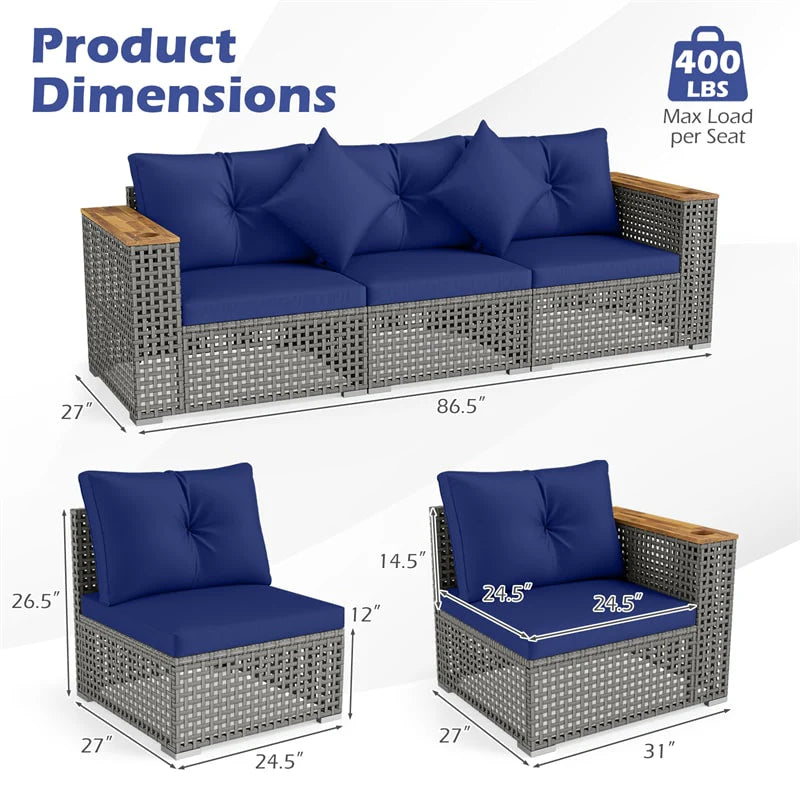 86.5" 3-Seat Patio Wicker Sofa, 3PCS Modular PE Rattan Sectional Furniture Set with Cup Holders & Wood - Product image 25