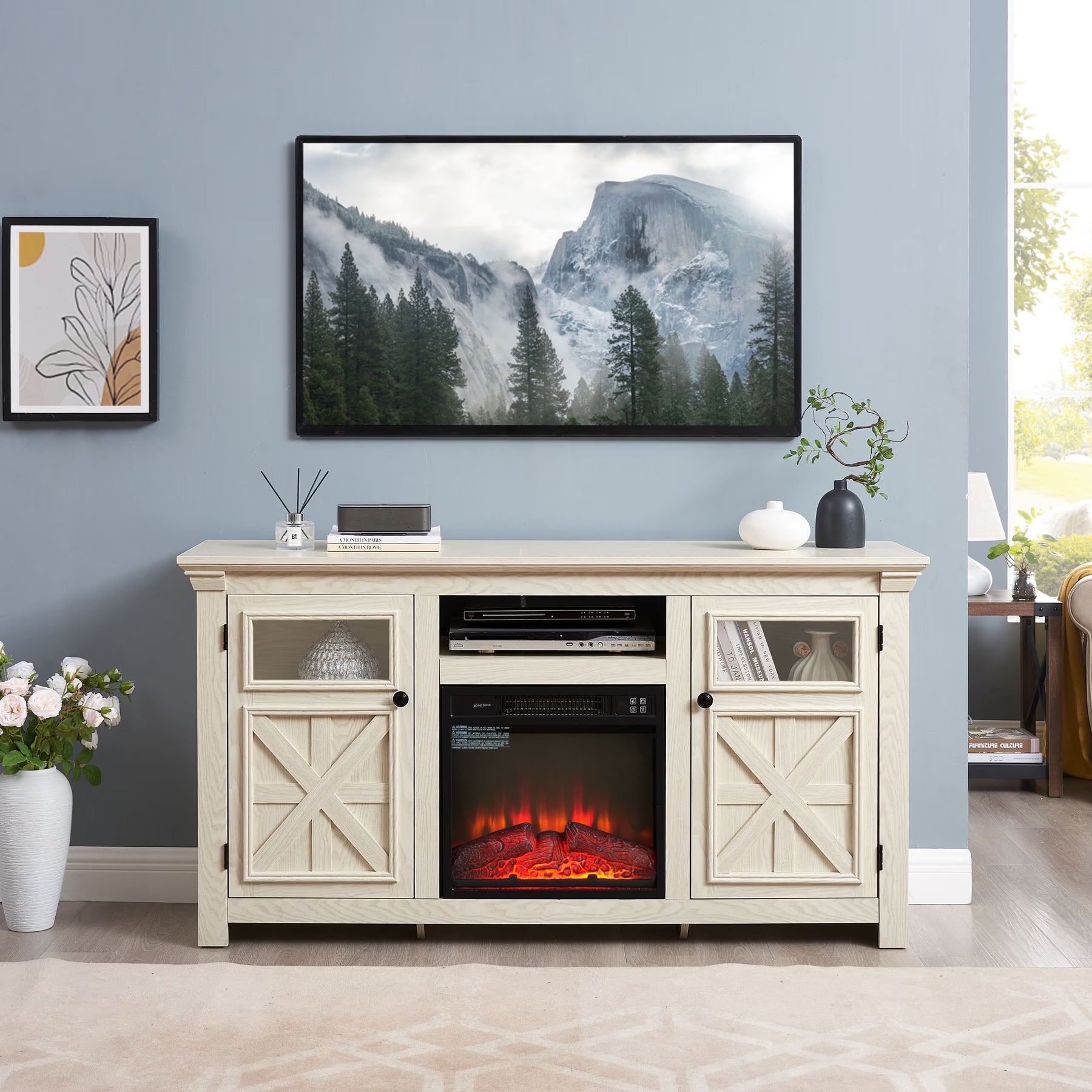 60" Farmhouse Fireplace TV Stand for Tvs up to 70 in, Entertainment Center with 18" Electric Fireplace - Product image 1