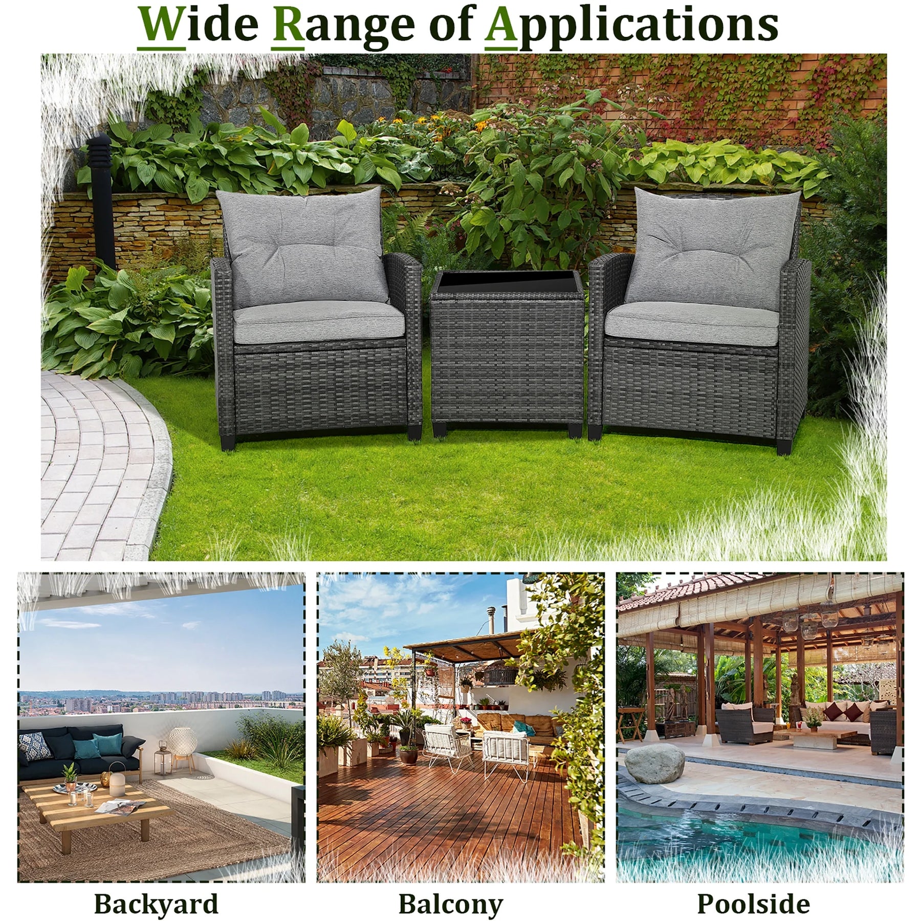 Gymax 3PCS Patio Rattan Sofa Set Outdoor Wicker Conversation Set Glass Tabletop W/ Grey Cushion - Product image 8